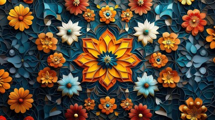 detailed, intricate floral mandala with layered petals in warm and cool tones, showcasing a vibrant, symmetrical design inspired by nature.