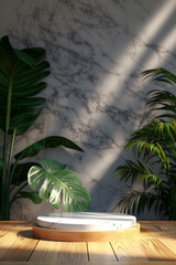 Fototapeta premium Vertical marble pedestal for product on a marbled background and plant. Mock-up template for product advertising, sale with copyspace