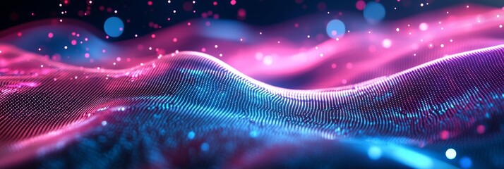 This artwork showcases a high-angle view of a vibrant digital background, featuring undulating pink and blue neon lines that emit a futuristic glow in a dark setting