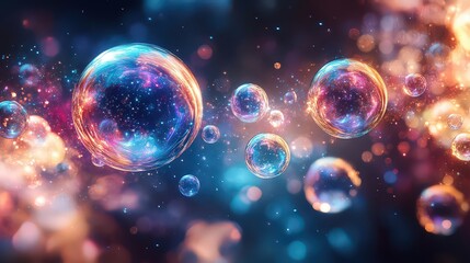 Fototapeta premium vibrant display of glowing, multicolored bubbles floating in a cosmic, abstract environment, creating a sense of wonder and imagination.