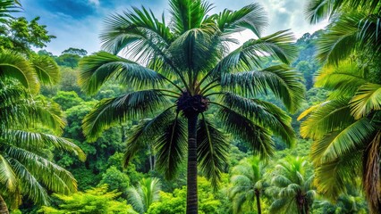 Fototapeta premium Majestic black palm tree stands tall amidst lush green foliage, its slender trunk and curved leaves swaying gently in the soft, warm tropical breeze.