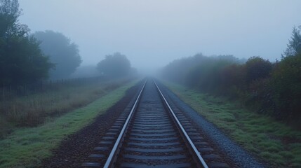 Fototapeta premium Early morning shot of railway tracks with fog rolling in, creating a mysterious and serene atmosphere, with the tracks disappearing into the mist.