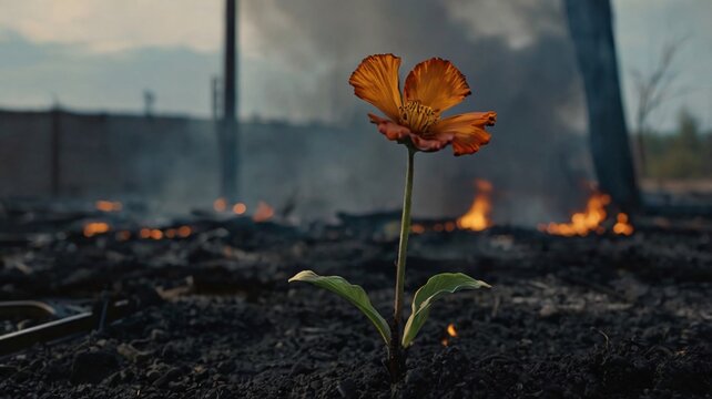 A bright flower rises from blackened earth amidst a desolate landscape. Surrounding flames highlight the stark contrast of life and destruction during a twilight sky