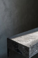 Table corner and sun rays on grey background. Vertiacal Mock ap table for product and advertising. Vertical banner Concept template for advertising, poster, wallpaper with place for text