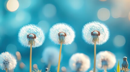Obraz premium Three fluffy dandelions against a vibrant blue background, with their seeds still intact, embodying the delicate and fleeting nature of life.