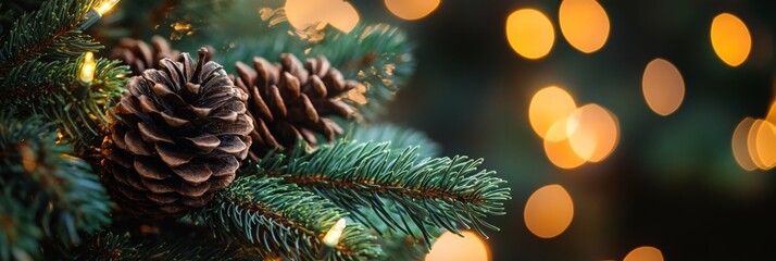 Pine cones rest among vibrant Christmas tree branches while soft, shimmering lights create a warm, festive atmosphere typical of the holiday season