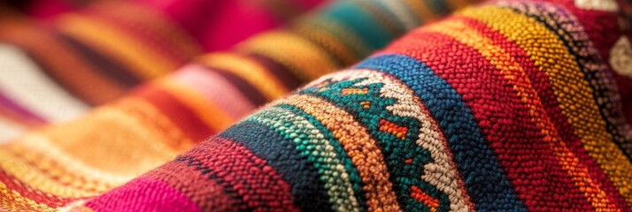 This textile highlights the artistic craftsmanship of Hispanic culture through its vibrant colors and detailed woven patterns, expertly arranged to display its beauty