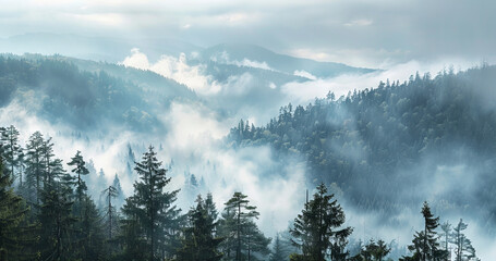 The sky is cloudy and the trees are covered in mist