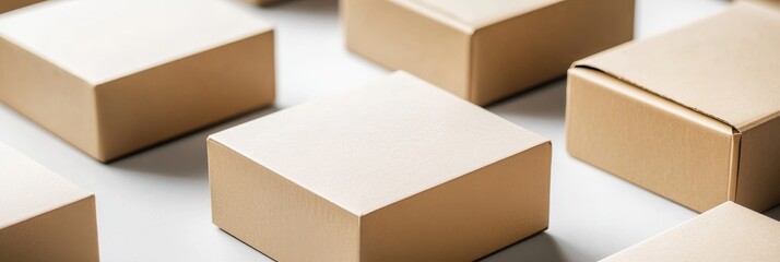 Multiple cardboard boxes are neatly arranged on a clean surface, presenting blank surfaces perfect for branding or product mockup use in a commercial context