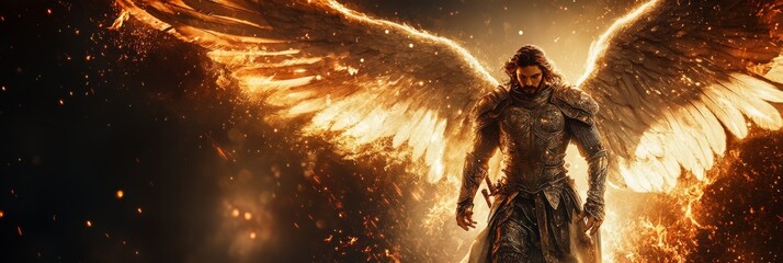 A striking portrayal of the Archangel Michael showcases his ethereal wings and intricate armor, set against a fiery, celestial backdrop that highlights his divine presence