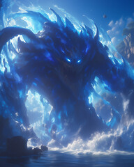 Fototapeta premium massive water elemental beast emerging from the ocean, glowing blue eyes, body made of churning waves and stormy energy