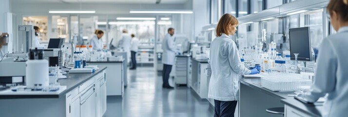 A team of scientists and technicians actively engages in pharmaceutical research within a modern, well-equipped laboratory, showcasing collaboration and innovation