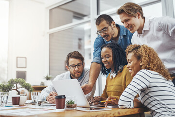 Laptop, team or business people training, planning or problem solving for creative solution....