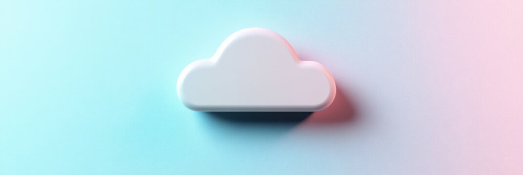 This artwork showcases a smooth, white cloud computing icon positioned centrally with soft shadows, set against a calming pastel gradient backdrop