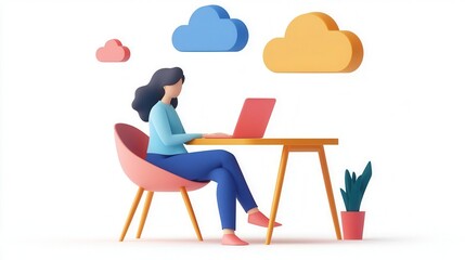 Fototapeta premium Teleworking flat design, side view, cloud-based virtual meetings theme, 3D render, Split-complementary color scheme
