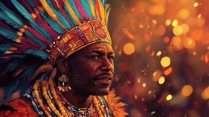 Obraz premium Portrait of a man in traditional costume and feathered headdress, with vibrant colors and artistic bokeh background.