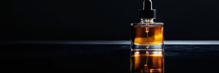 This shot showcases a sleek glass bottle with a pipette, elegantly reflecting on a dark surface, emphasizing simplicity and sophistication in design