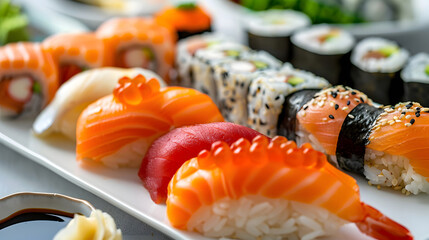 Exquisite Sushi Arrangement With Vibrant Ingredients Displayed On Elegant Platter At A Fine Dining Restaurant. Generative by AI