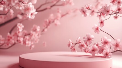 Natural beauty podium backdrop with spring sakura cherry blossom tree branch. 3d rendering. generative ai
