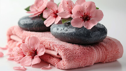 Spa concept with zen basalt stones and pink towel