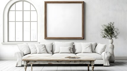 A vintage coffee table with a chipped paint finish, placed in front of a white sofa against a backdrop of an arched window and a white wall adorned with a large, empty art poster frame