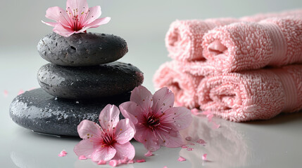Spa concept with zen basalt stones and pink towel