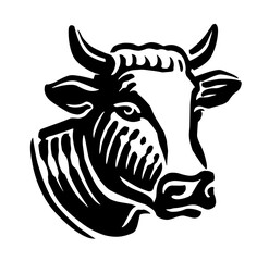 Portrait of farm cow head with horns emblem. Black and white drawing for milk packaging or restaurant grill menu