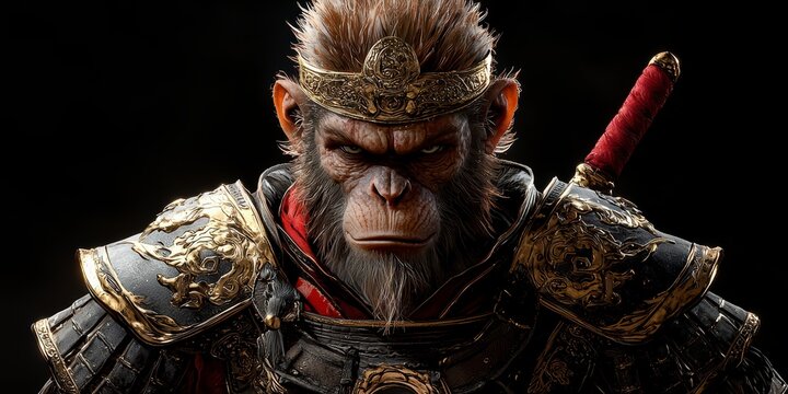 Anthropomorphic monkey king in armor with weapons on a black background
