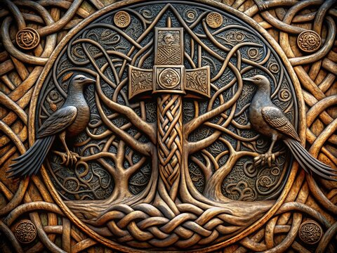 Mysterious ancient relics featuring Thor's hammer Mjolnir, Odin's ravens, and Yggdrasil tree, surrounded by intricate Viking knotwork and Celtic patterns, evoking mystical Nordic legend.