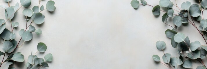 Eucalyptus branches are artfully placed on a soft pastel gray background, showcasing the natural beauty and delicate textures of the leaves in a minimalist layout