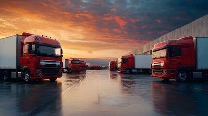 Fleet of delivery trucks parked outside warehouse, ready to transport factory goods.