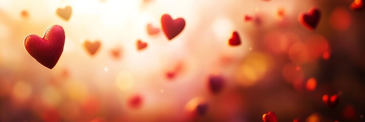 Various-sized red hearts gently float across a soft-focus gradient backdrop, creating a dreamy and romantic ambiance ideal for expressing love and affection