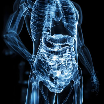 3D X-Ray: Blue Medical Visualization of Stomach and Bowel Anatomy