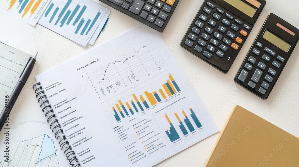Leinwandbilder flat lay of a business report with graphs, charts, and financial data, arranged on a white desk with