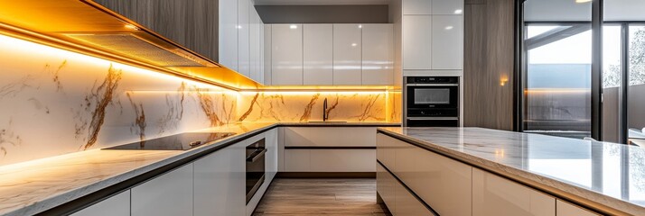 Obraz premium This contemporary kitchen showcases sleek cabinets, a stunning marble countertop, and integrated LED lighting, creating a warm and inviting atmosphere perfect for cooking