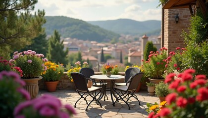 Sunny terrace surrounded by colorful flowers, invites relaxation, offering breathtaking view and cozy spot with table chairs. Terrace adorned with blooming flowers and scenic mountains. Generative AI.