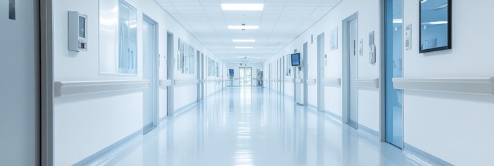 Obraz premium The corridor features bright lighting, sterile white walls, and a row of doors, creating a clean and organized atmosphere typical of modern healthcare facilities