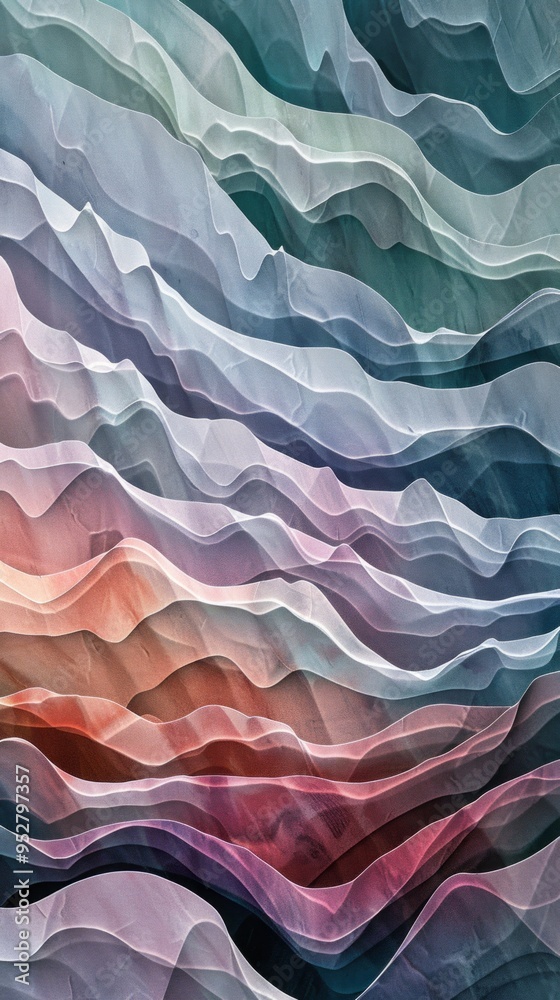 Poster A colorful abstract painting with a mountain range in the background