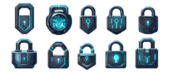 high-tech blue padlocks with fingerprint and digital icons for secure access isolated png transparent background