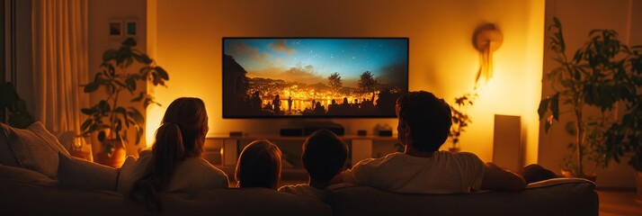 A family of four sits comfortably on a plush sofa in a warmly lit living room, sharing laughter and excitement as they watch an engaging movie on the big screen