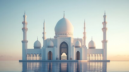 Fototapeta premium White Mosque Reflecting in Still Water at Sunset