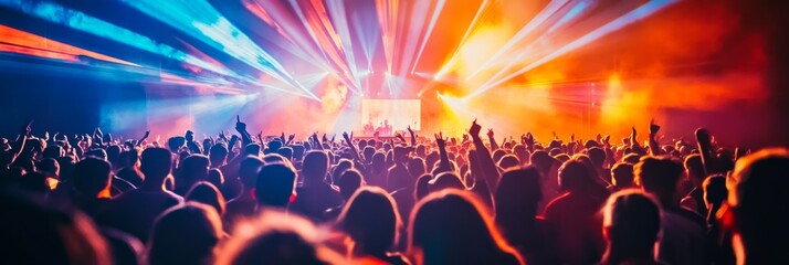 Obraz premium A large crowd passionately dances together at a lively concert, illuminated by vivid lights, creating a captivating atmosphere filled with energy and excitement