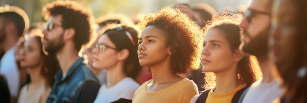 A group of diverse individuals stands together in unity, focused attentively, showcasing the strength of community and shared values during an evening gathering