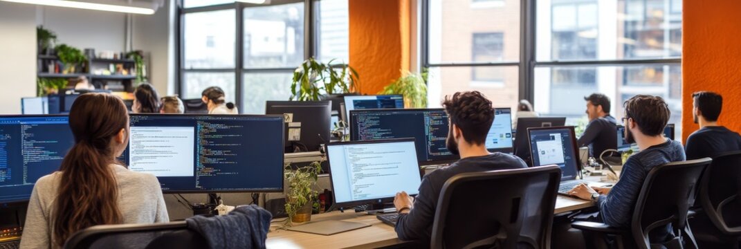 A diverse group of software developers engages in teamwork at their desks in a modern office, surrounded by large windows and vibrant greenery, focusing on their computer screens
