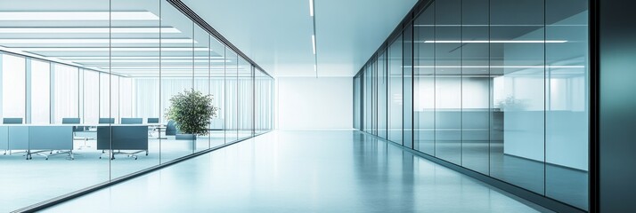 Fototapeta premium The corridor features sleek glass walls leading to an adjacent workspace filled with natural light, promoting a contemporary office atmosphere and productivity