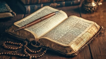 Opened bible with old quill pen and rosary beads on the brown table in quiet, dark atmosphere. Religion concept. Historical vintage style. generative ai