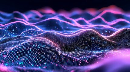 Technology background with connected dots on 3D wave landscape. Data science, particles, digital world, virtual reality, cyberspace, metaverse concept