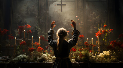 Obraz premium Catholic Priest Celebrating Mass Ad Oriented – Traditional Worship and Spiritual Ceremony