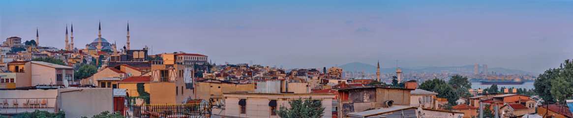 Istanbul, Sultanahmet District, Panoramic view with evening lights of the Blue Mosque, old city and Marmara Sea