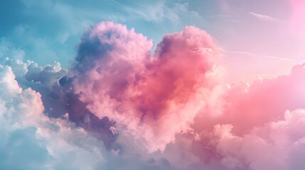 Fototapeta premium Beautiful colorful valentine day heart in the clouds as abstract background. A bright and unusual card for Valentine's Day or a wedding with clouds in the shape of a large heart.